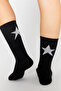 Bamboo Women's Black-White Tennis College Star Patterned Premium Seamless Socks 2-Piece Assortment Pack - 6