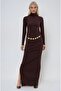 Brown Gold Belted and Drape Detailed Long Dress 2953 - 4