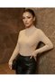 Women's Beige Color Corded Fabric Flexible Soft Half Fisherman High Neck Woven Slim Knitwear Sweater Body Blouse - 5