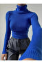 Women's Blue Cotton Turtleneck Hooded Slimfit Turtleneck Sweater Ribbed Bady - 6