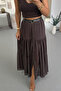 Belted Full Buttoned Brown Chiffon Skirt - 2
