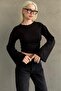 Black Crew Neck Side Gathered Wide Sleeve Women's Blouse Mg2628 - 6