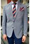 Facune Men's Navy Blue Plaid Fabric Mono Collar Sports Blazer Jacket