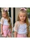 Girl's Balloon Sleeve Bow Brooch Detailed White Blouse and Pink Shorts Summer Holiday Combination Set - 6