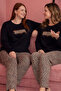 Women's Sandy Fabric Leopard Patterned Pajama Set Black Top Plus Size - 2