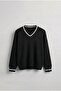 Men's V-Neck Oversize Contrast Detailed Sweater Black