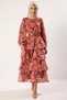 Women's Mock Neck Standard Sleeve Maxi Dress Functional Aesthetic with Ruffled Hem and Woven Fabric - 5