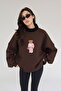Women's Oversize Sweatshirt Pink Suit Bear Printed Brown – Crew Neck, 3 Thread Rastering - 5