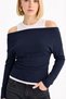 Navy Blue Slim Fit Slim Fit One Shoulder Double Layer Ribbed Cotton Long Sleeve T-Shirt