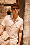 Beige Slim Fit Slim Fit Hidden Button Collar Cotton Short Sleeve Shirt - 2