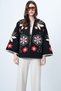 Black Embossed Floral Embroidered Oversize Jacket Vs01554