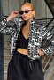 Gray Printed Stand Collar Zippered Crop Padded Lined Coat Vs01297 - 5