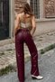 Burgundy Elastic Waist and Lace-Up Faux Leather Palazzo Trousers Vs01395 - 4