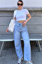 Women's Ice Blue 5 Pocket Baggy Jean Trousers V00044-B - 4