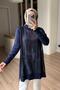 Patterned High-Neck Mercerized Hijab Tunic with Side Zipper - Navy Blue