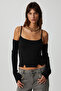 Mıkela Women's Viscose Strap Slit Body-Hugging Crop Black Blouse - 3