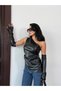Women's Black One Shoulder Asymmetrical Cut Glove Detail Leather Blouse Hzl25W-Fry123641 - 2