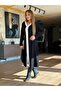 Women's Long Sleeve V Stripe Collar Front Short Slit Detailed Midi Viscose Two Thread Elbis - 4