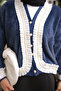 Navy Blue Pleated Angora Soft Knit Cardigan with Stone Detail - 3