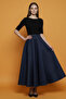 Patterned Puff Scuba Flared Elastic Long Skirt Navy Blue - 4