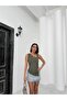 Asymmetrical V-Neck Side Ruched Slit Detail Lightweight Triangle Cut Diver Fabric Crop Blouse - 7
