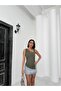 Asymmetrical V-Neck Side Ruched Slit Detail Lightweight Triangle Cut Diver Fabric Crop Blouse