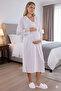 Ecru Shawl Collar Quilted Long Sleeve Lace Detailed Special Design Maternity Dressing Gown Nightgown Set - 3