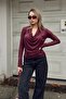 Burgundy Draped Degaje Collar Long Sleeve Women's Blouse - 3