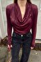 Burgundy Draped Degaje Collar Long Sleeve Women's Blouse - 4