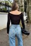 Black Gathered Chest Boat Neck Women's Transparent Blouse - 5