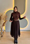 Asymmetrical Midi Brown Tulle Skirt with Elastic Waist - 3