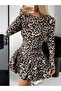 Women's Leopard Print Turtleneck Ruffled Long Sleeve Modal Dress