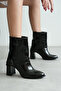 Women's Black Heeled Boots Thick Heel Side Buckle Detail - 2
