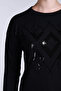 Women's Crew Neck Sequin Embroidered Wool Sweater 2720 Black - 3