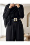 Buckle Belted, Folded Waist, Wide Leg Modal Crepe Trousers - Black - 4