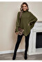 Women's Henna Green Hair Braided Turtleneck Bat Poncho Buttoned Knitwear Sweater - 2