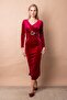 Women's Stretch Fabric Velvet V-Neck Front Accessory Long Sleeve Slit Long Evening Dress/Evening Gown-Burgundy