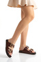 Women's Genuine Leather Double Strap Buckle Slippers 6337 Brown - 5