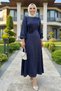 Women's Pearl Detailed Belted Navy Blue Satin Dress - 2