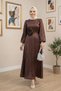 Women's Pearl Detailed Belted Brown Satin Dress - 3