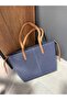 Women's Navy Blue Nubuck Suede Tote Hand and Shoulder Bag - 6