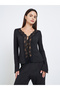 Tie Front Lace Detail Trim Long Sleeve Top and Pyjama Set - 3