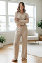 Bow Detail Long Sleeve Comfortable and Flexible Interlock Pajama Set