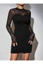 Women's Long Sleeve Semi-Turtleneck Sparkling Tulle Detailed Short Back Zipper Imported Crepe Dress - 6