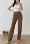 Women's Wide Leg Pants with Button Detail and High Waist Fabric Wide Leg Trousers - 6