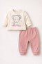 Baby Kids 2-Piece Set Cool Bear Printed Ecru Ribbed Sweatshirt + Gray Ribbed Pants Set 100% Cotton - 2