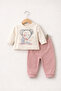 Baby Kids 2-Piece Set Cool Bear Printed Ecru Ribbed Sweatshirt + Gray Ribbed Pants Set 100% Cotton - 5