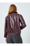 Women Burgundy Zip Up Faux Leather Jacket - 6