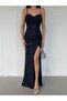 Navy Blue Thin Strap Y Slit Sequin Evening Dress - 3