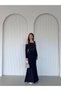 Navy Blue Stone Embroidered Sleeve Detailed Strap Evening Dress - 3